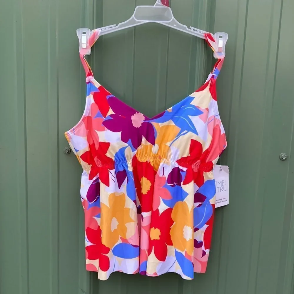 Women's Floral Flounce Tankini Modest Top Swimsuit Bathing Suit Size S